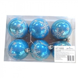 Набор новогодних пластиковых шаров голубые с декором Снежинки (6 штук в упаковке)