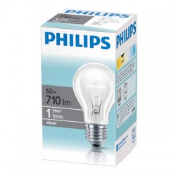 Лампа накаливания Philips, стандартная прозрачная, 60Вт, цоколь E27 